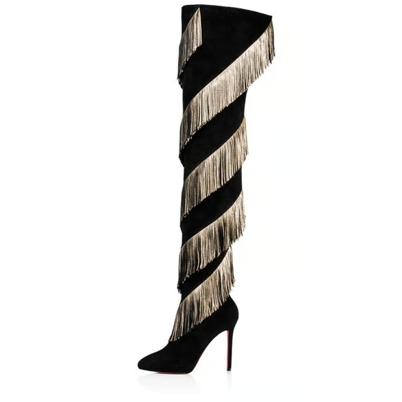 Christian Louboutin Bolcheva 120 Black Gold Fring Thigh High Knee Heel Boot 40.5 - Picture 7 of 12